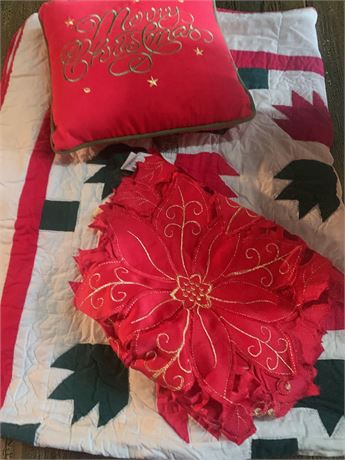 Christmas Decor Set - Quilt, Embroidered Poinsettia Placemats & Pillow