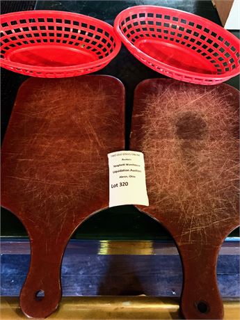 Wooden Bread Serving Paddle Boards & Red Plastic Serving Baskets