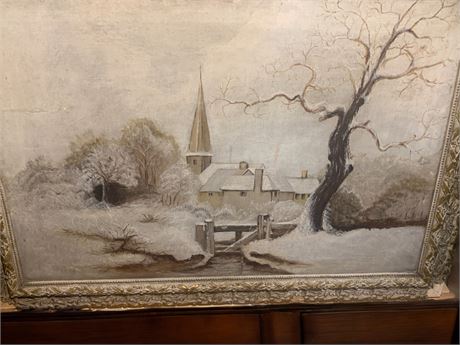 Antique L M Cannon Winter Farm Scene Oil Canvas Painting Gesso Gilt Frame