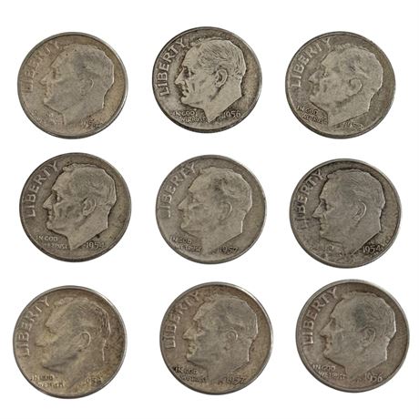 1950's Roosevelt Dimes 90% Silver (Lot of 9)