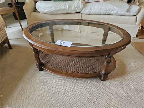 Wood, Rattan & Beveled Glass Top Coffee Table