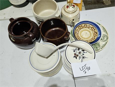 Mixed Kitchen Lot: Teapot, Bean Crocks( No Lids) & Misc Saucers