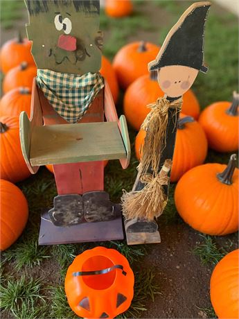 Fall Halloween Decor - Blow Mold Jack-O-Lantern, Folk Art Frankenstein & Witch