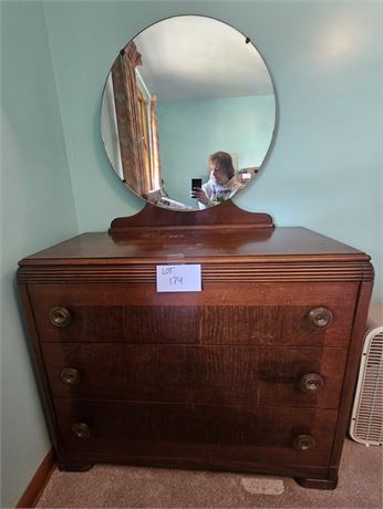 Vintage Wood Dresser & Round Mirror
