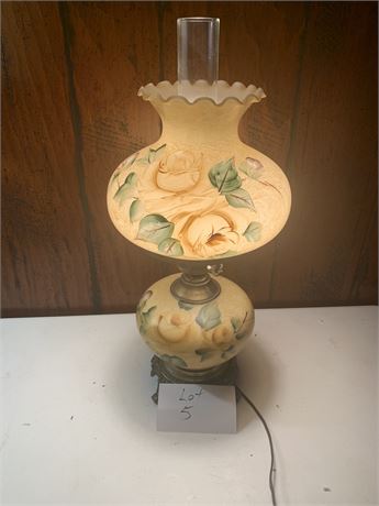 Hand Painted Floral Hurricane Table Lamp - Lights Up On Both The Top & Bottom