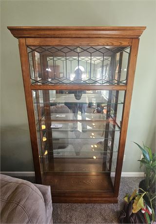 Lighted Wood & Glass Shelf Curio Cabinet With Side Lock & Key