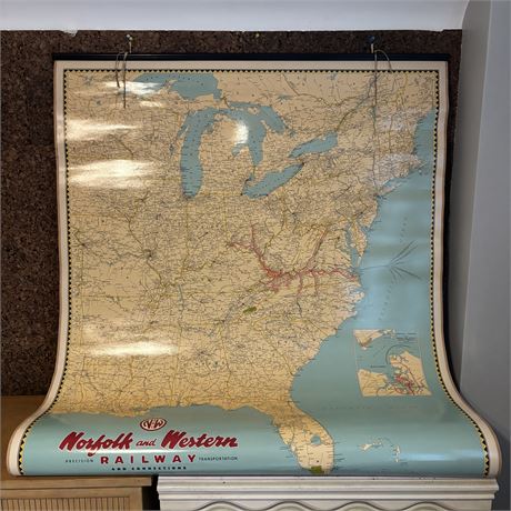 Norfolk & Western Railway Transportation Large Roll-Down Roller Map