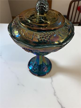 Carnival Glass Pedestal Candy Dish With Grape Pattern