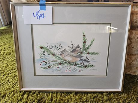 Signed Pauline Hostetler "Chickadees" Water Color Painting