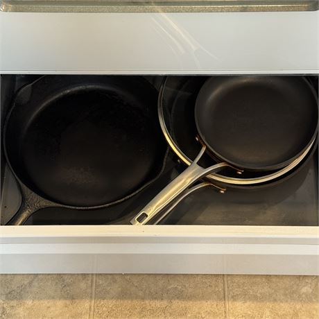 Single Cast Iron Skillet and Two Calphalon Skillets (one lid)