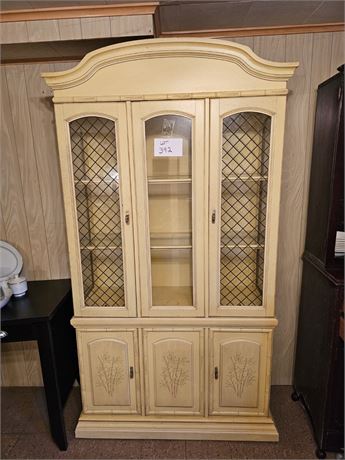 Vintage 70's Era Yellow China Cupboard with Lattice Glass Front