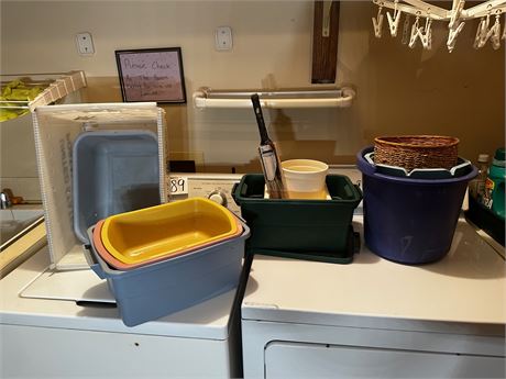 Large lot of totes, buckets and other Plastic storage containers