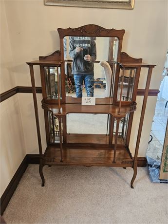 Antique Wood Étagère / Curio Stand Beveled Glass Back & Carved Wood Motif
