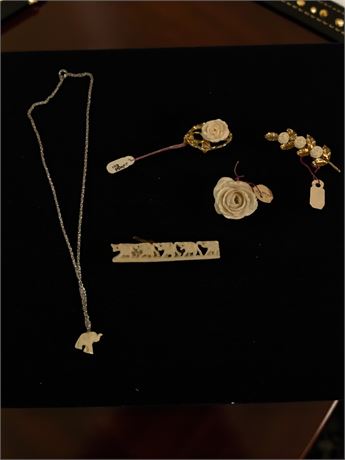 African Hand-Carved Elephant Pin, Carved Rose Brooch, Leaf/Flower Brooch