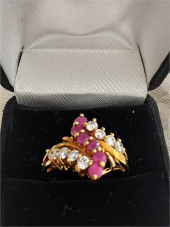 Marquise-Cut Cluster Simulated Pink Ruby & Diamond Cocktail Ring Size 9