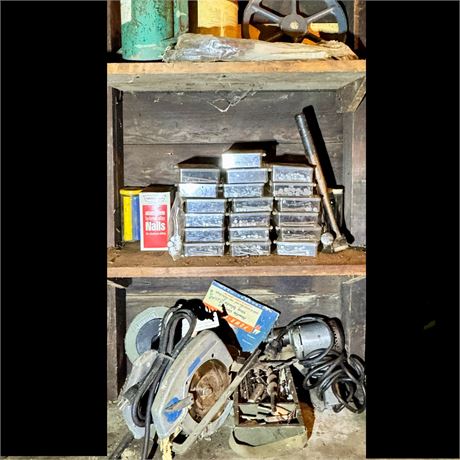 CENTER Shelving Cleanout - Tools, Loads of Nails, Misc.