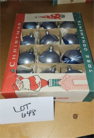 Vintage Fantasia Blue Mica Glitter Christmas Ornaments In Box