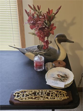 Mixed Decor Lot- Brass & Wood "Bless Our Home" Royal Albert Collector Plates, Pe