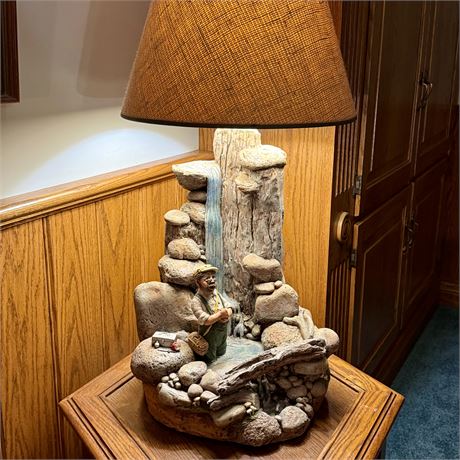 1989 Grandpa Fishing at the Waterfall Scenic Ceramic Lamp - 14 x 31"T