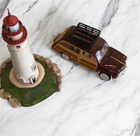 Die-Cast 1949 Ford Woody Wagon & Lighthouse Figurines Signed By Ben Richmond