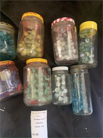 Vintage Glass Marbles In Glass Jars - Lot of 8