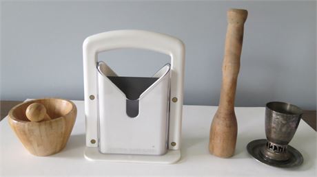 Mortar/Pestle, Slicer, Potato Masher, Silverplate Cup