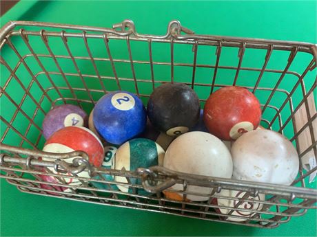 Pool Balls In Wire Basket (Vintage)