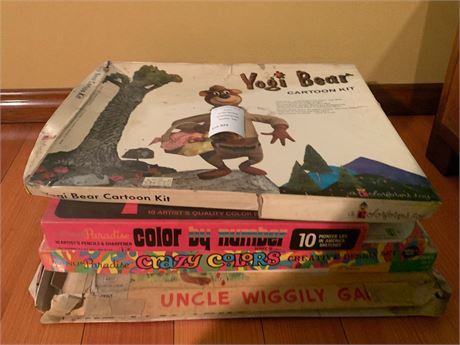 Vintage Game Lot - Yogi Bear Cartoon Kit, Color by Number, Uncle Wiggily & More