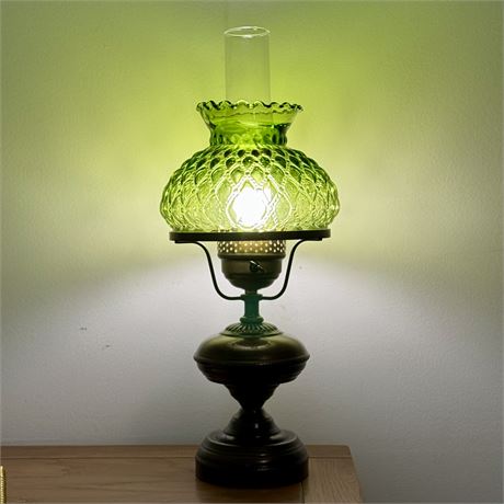 Table Lamp w/ Green Quilted Glass Shaded - 17"H w/o Chimney