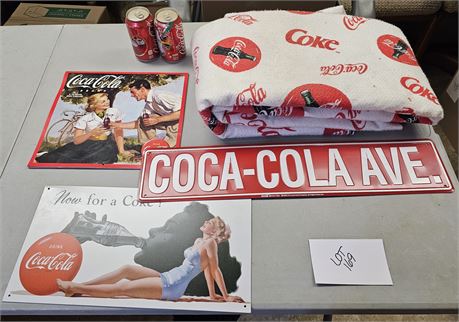 Mixed Coca-Cola Collectibles: Street Sign / Blanket & More