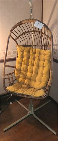 Vintage Rattan Hanging Chair with Mustard Yellow Cushions