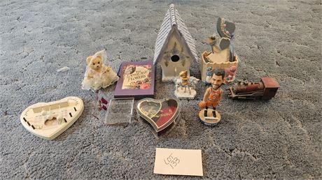 Mixed Decor Lot: Ceramic Birdhouse, Heart Shape Music Box, Planter & More