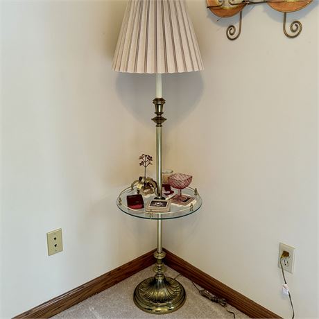 Brass Floor Lamp Glass Side Table Combination and Contents