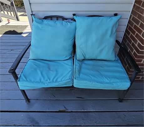 Metal Outdoor Loveseat With Teal Cushions