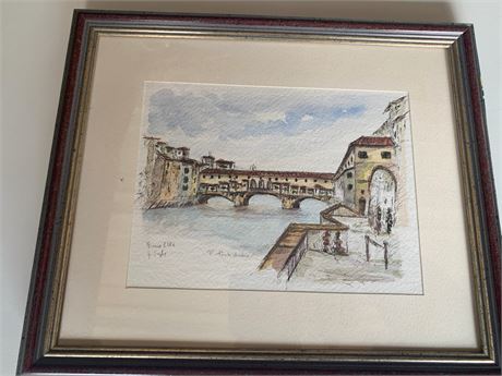 Framed Watercolor Lithograph Print Ponte Vecchio Italy By Jan Korthals