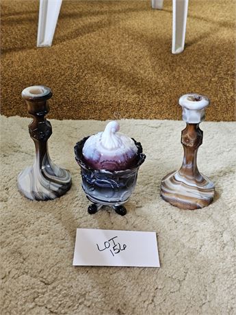 Imperial Glass Carmel Slag Candle Sticks & Imperial Glass Amethyst Slag Lidded C
