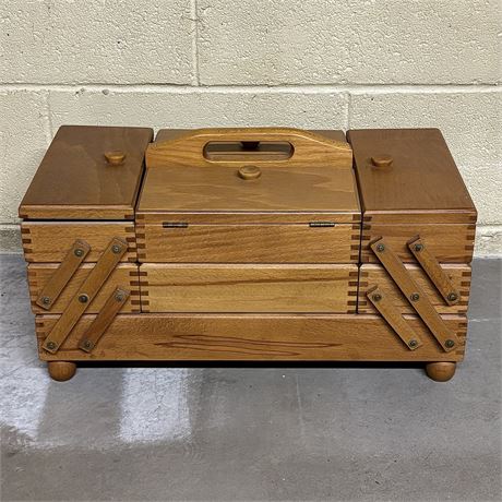 VTG Wood Accordion Fold Out 2-Tier Dove Tailed Sewing Box