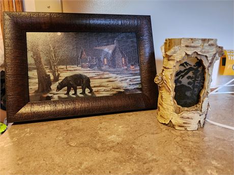 Bear Art and Log Lamp