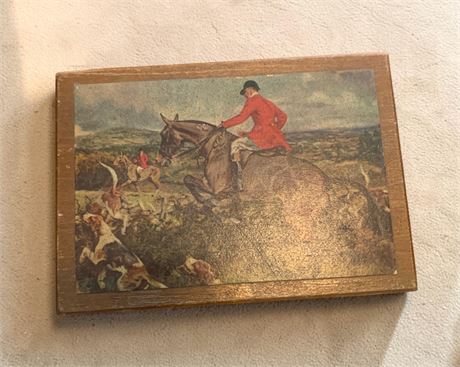 Vintage Wooden Trinket Box W/Fox Hunting Scene, Purple Lined Black Jewelry Box