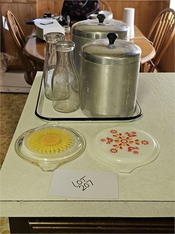 Enamel White Tray, Aluminum Flour/Sugar Canisters, Pyrex Lids & Old Milk Bottles