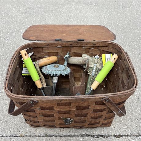 Old Picnic Basket with Garden and Gardening Tools