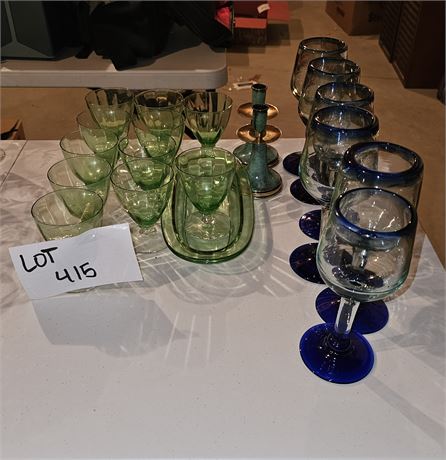 Vintage Depression Green Sherry Glasses, Pickle Tray & Colbalt Wine Glasses