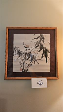 Signed Water Color Asian Bamboo/Bird Painting