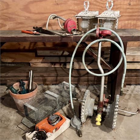 Miscellaneous Garage Lot - Trap, Lanterns, Gardening Items