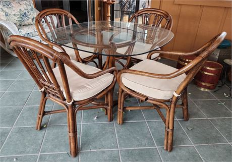 Rattan Glass Top Dining Table w/ 4 Chairs