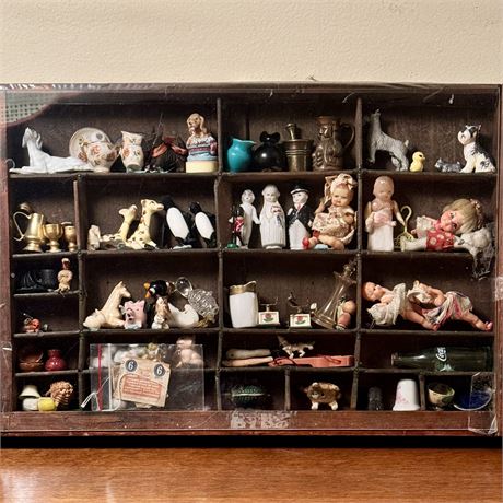 Antique Printer's Drawer Filled with Old Collectibles and Miniatures