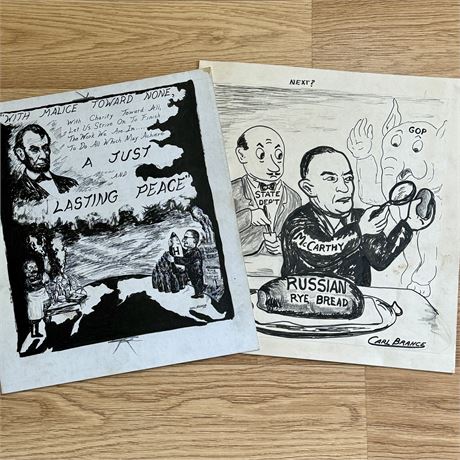 Original 1940s/50s Political Cartoons Drawn & Signed by Carl Brahce