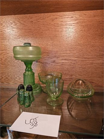 Green Depression Glass:Belt Band with Drip Catcher Oil Lamp / S&P Sets & More