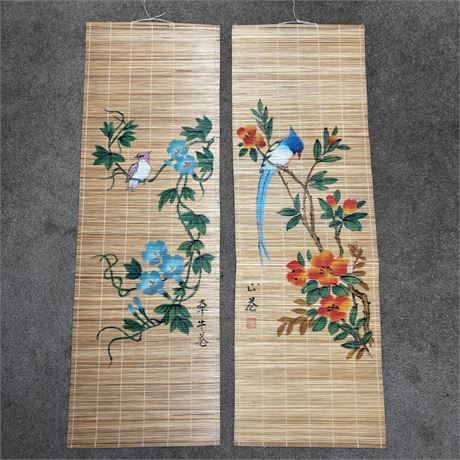 Pair of Vintage Asian Bamboo Scroll Paintings - 36"