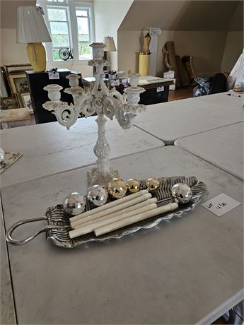 Italian White Ceramic 5 Candle Candlestick & Arthur Court Fern Tray
